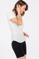 White Ribbed Short Sleeve Curved Hem Top