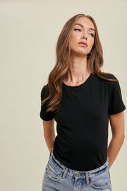 Black Ribbed Short Sleeve Curved Hem Top