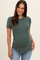 Olive Ribbed Short Sleeve Curved Hem Maternity Top