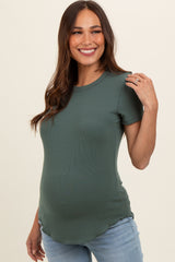 Olive Ribbed Short Sleeve Curved Hem Maternity Top