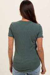 Olive Ribbed Short Sleeve Curved Hem Maternity Top