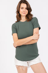 Olive Ribbed Short Sleeve Curved Hem Maternity Top