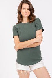 Olive Ribbed Short Sleeve Curved Hem Top