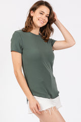 Olive Ribbed Short Sleeve Curved Hem Top