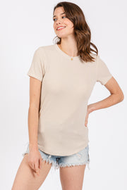 Cream Ribbed Short Sleeve Curved Hem Top