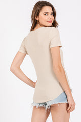 Cream Ribbed Short Sleeve Curved Hem Top