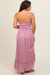 Pink Floral Ruffle Square Neck Smocked Waist Maternity Maxi Dress