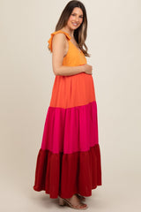 Orange Colorblock Tiered Ruffle Strap Maternity Maxi Dress