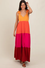 Orange Colorblock Tiered Ruffle Strap Maternity Maxi Dress