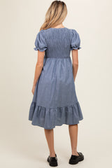 Blue Chambray Smocked Puff Sleeve Maternity Dress