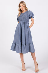 Blue Chambray Smocked Puff Sleeve Maternity Dress