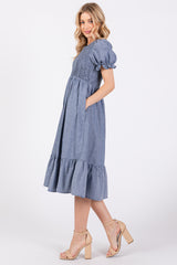 Blue Chambray Smocked Puff Sleeve Dress