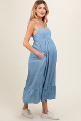 Blue Chambray Sleeveless Ruffle Hem Maternity Midi Dress