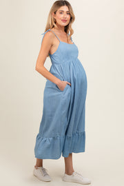 Blue Chambray Sleeveless Ruffle Hem Maternity Midi Dress