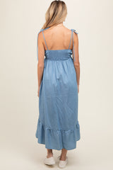 Blue Chambray Sleeveless Ruffle Hem Maternity Midi Dress