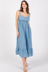 Blue Chambray Sleeveless Ruffle Hem Midi Dress