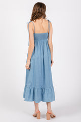 Blue Chambray Sleeveless Ruffle Hem Midi Dress