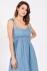 Blue Chambray Sleeveless Ruffle Hem Midi Dress