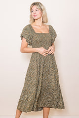 Olive Floral Smocked Maternity Midi Dress