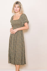 Olive Floral Smocked Midi Dress