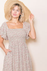 Cream Floral Smocked Midi Dress