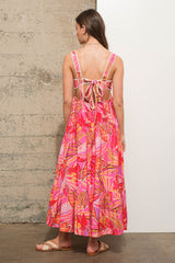 Fuchsia Tropical Back Tie Cutout Maxi Dress