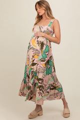 Light Pink Tropical Back Tie Cutout Maternity Maxi Dress