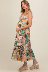 Light Pink Tropical Back Tie Cutout Maternity Maxi Dress