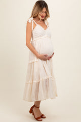 Cream Textured Tie Strap Tiered Maternity Midi Dress