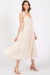 Cream Textured Tie Strap Tiered Midi Dress