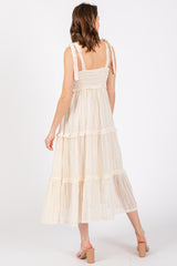 Cream Textured Tie Strap Tiered Midi Dress