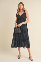 Black Textured Tie Strap Tiered Midi Dress