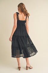 Black Textured Tie Strap Tiered Midi Dress