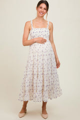 Ivory Smocked Embroidered Floral Maternity Maxi Dress