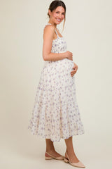 Ivory Smocked Embroidered Floral Maternity Maxi Dress