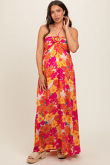 Peach Floral Halter Maternity Maxi Dress