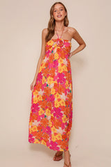 Peach Floral Halter Maternity Maxi Dress