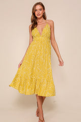 Yellow Floral Sleeveless Halter Neck Open Back Maternity Dress