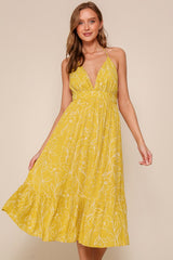 Yellow Floral Sleeveless Halter Neck Open Back Dress