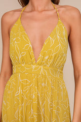 Yellow Floral Sleeveless Halter Neck Open Back Dress