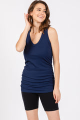 Navy Ribbed Sleeveless Ruched Tank Top