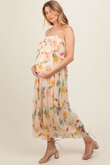 Peach Floral Ruffle Overlay Wide Leg Maternity Jumpsuit