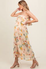 Peach Floral Ruffle Overlay Wide Leg Maternity Jumpsuit