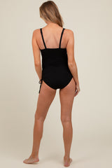 Black Ribbed Side Tie Maternity One Piece Swimsuit