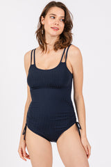 Navy Ribbed Side Tie One Piece Swimsuit