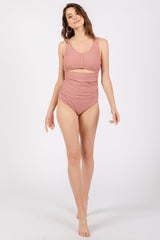 Mauve Scalloped Cutout Ruched One Piece Swimsuit