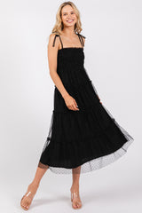 Black Smocked Polka Dot Mesh Shoulder Tie Maternity Midi Dress