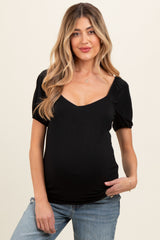 Black Short Puff Sleeve V-Neck Maternity Top