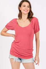 Magenta Short Puff Sleeve V-Neck Maternity Top