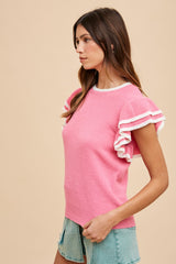 Fuchsia Double Ruffle Sleeve Sweater Top